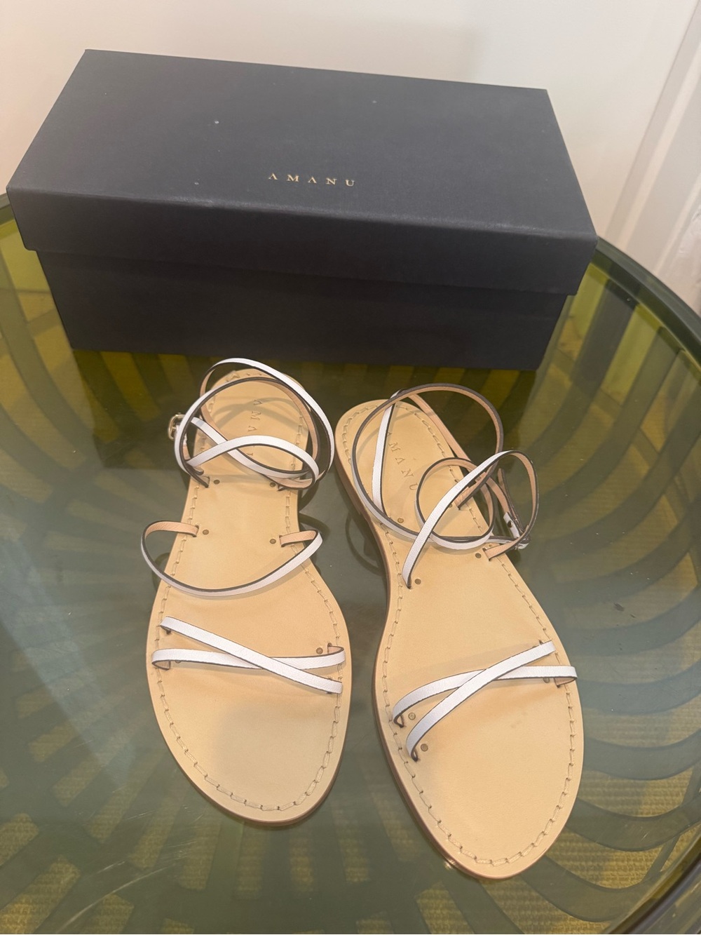AMAMU White Leather Strappy Ankle-Tie Sandals for Women